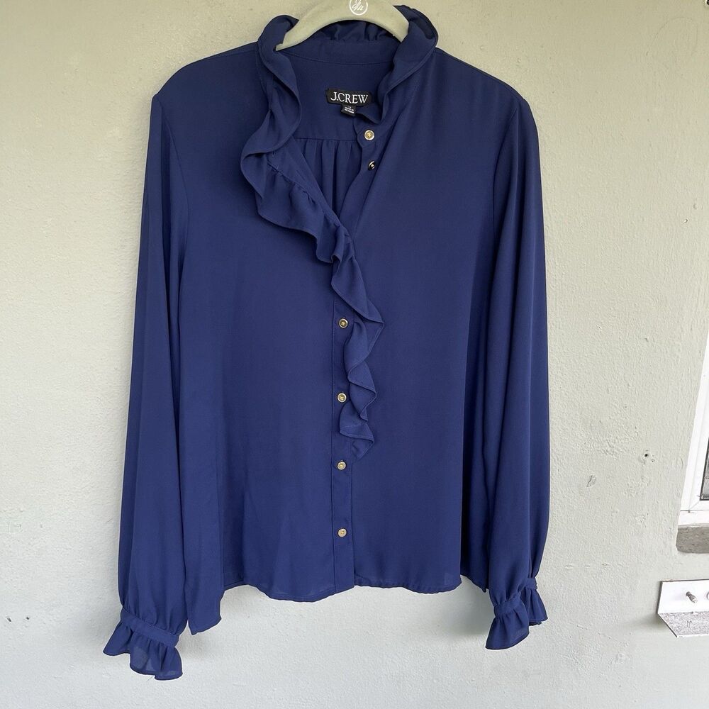 J Crew Navy Sheer Ruffle Blouse Women 12 Gold Button Long Sleeve Preppy Romantic - Picture 3 of 14